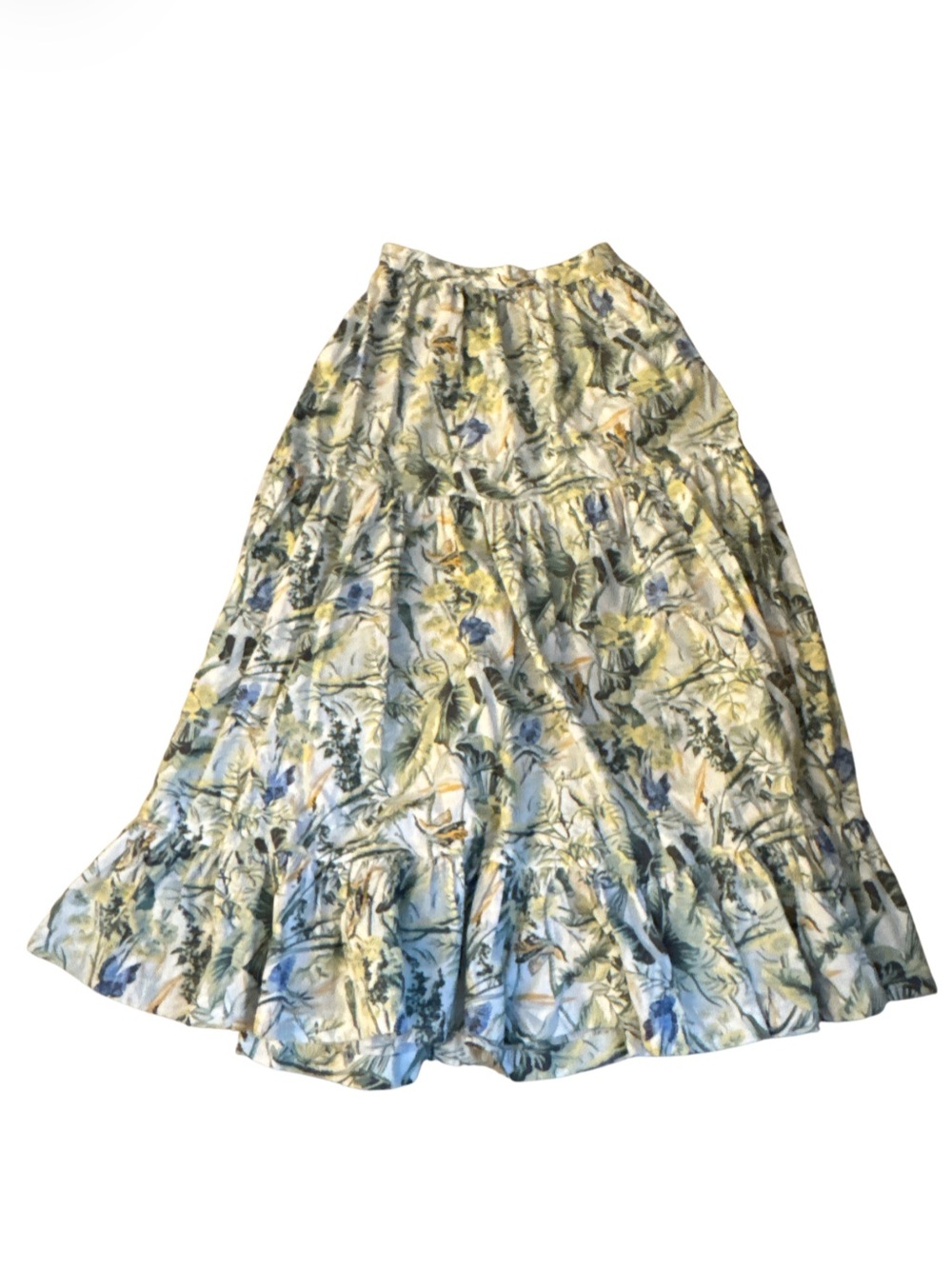 Abercrombie & Fitch Floral Tiered Midi Skirt Butterflies Birds Yellow - Size XS